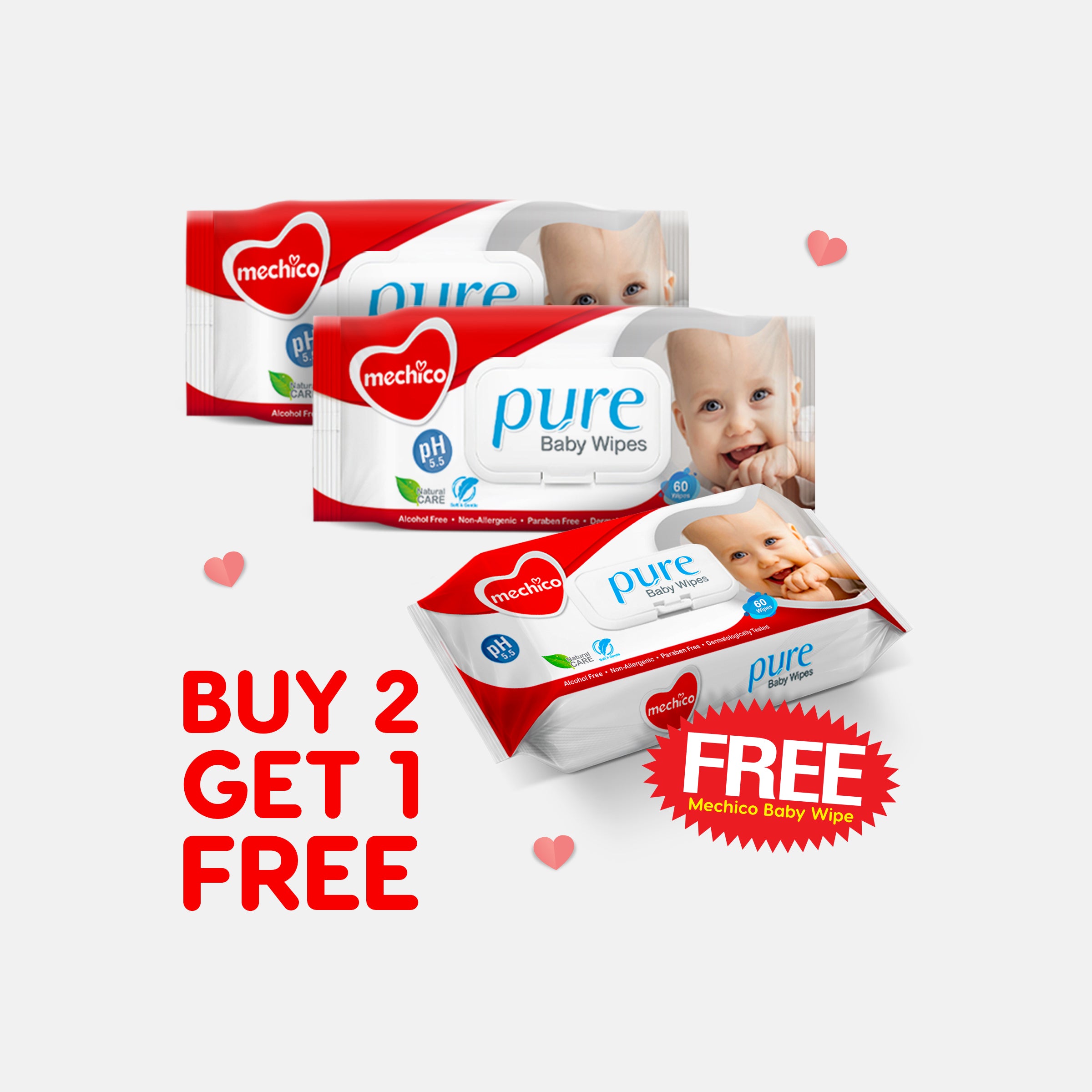 BUY 2 GET 1 FREE | Mechico Pure Baby Wipes – 60 Pcs